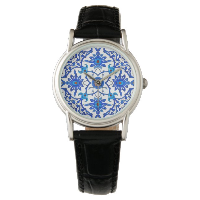 Art Nouveau Chinese Tile - Cobalt Blue & White Horloge (Voorkant)