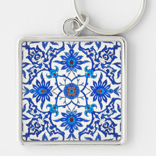 Art Nouveau Chinese Tile - Cobalt Blue & White Sleutelhanger (Voorkant)