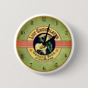 Art nouveau chocoladereclameklok ronde button 5,7 cm