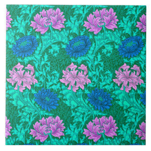Art Nouveau Chrysanthemums, Aqua en Violet Tegeltje