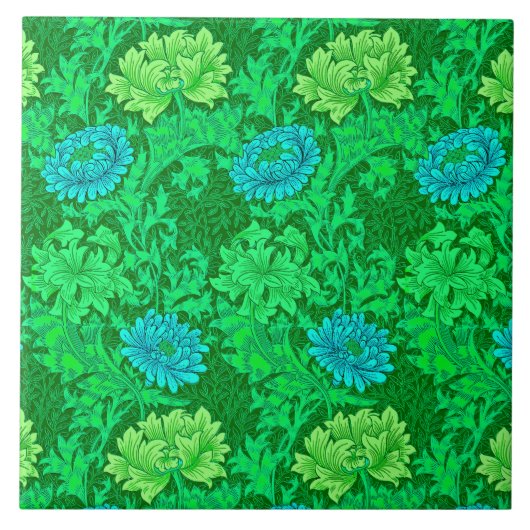 Art Nouveau Chrysanthemums, Lime Green en Aqua Tegeltje (Voorkant)