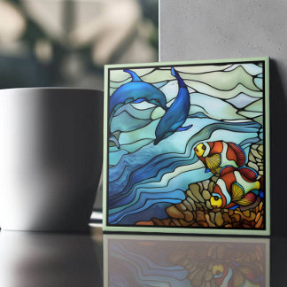 Art Nouveau Clown Vis en Dolfijnen Glas in lood Tegeltje