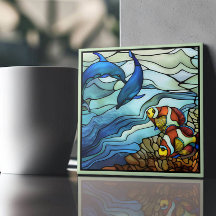 Art Nouveau Clown Vis en Dolfijnen Glas in lood