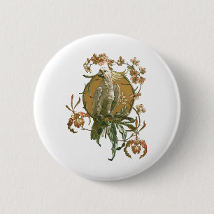  Art Nouveau, Cockato Bird, Orchid Flowers Ronde Button 5,7 Cm