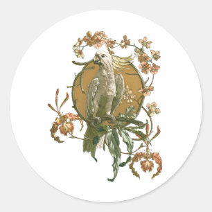 Art Nouveau, Cockato Bird, Orchid Flowers Ronde Sticker