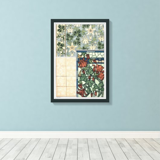 Art Nouveau, Columbine Aquilegia Flowers Canvas Afdruk (Insitu (Houten vloer))