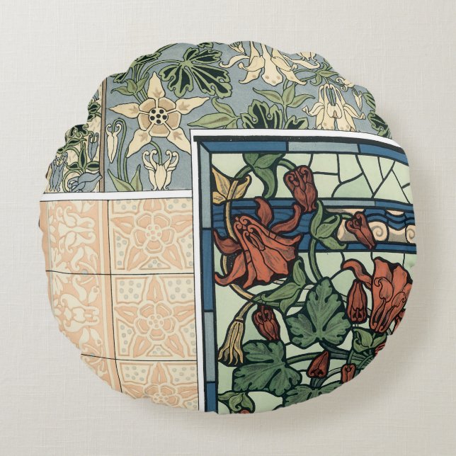  Art Nouveau, Columbine Aquilegia Flowers Rond Kussen (Voorkant)