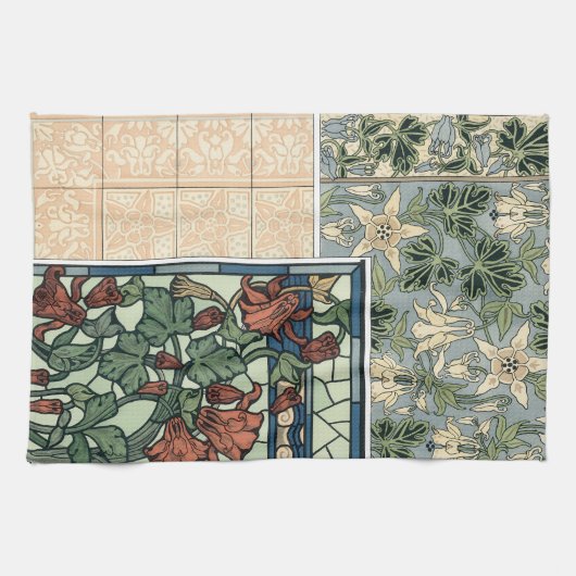 Art Nouveau, Columbine Aquilegia Flowers Theedoek (Horizontaal)