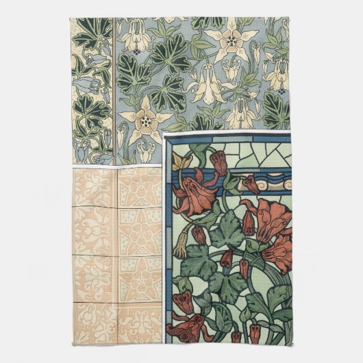 Art Nouveau, Columbine Aquilegia Flowers Theedoek (Verticaal)