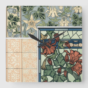 Art Nouveau, Columbine Aquilegia Flowers Vierkante Klok