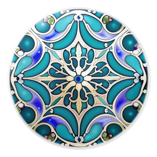 Art Nouveau Cream Aqua Blue Geometrisch Keramische Knop (Voorkant)