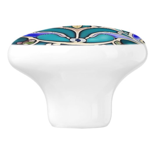 Art Nouveau Cream Aqua Blue Geometrisch Keramische Knop (Zijkant)