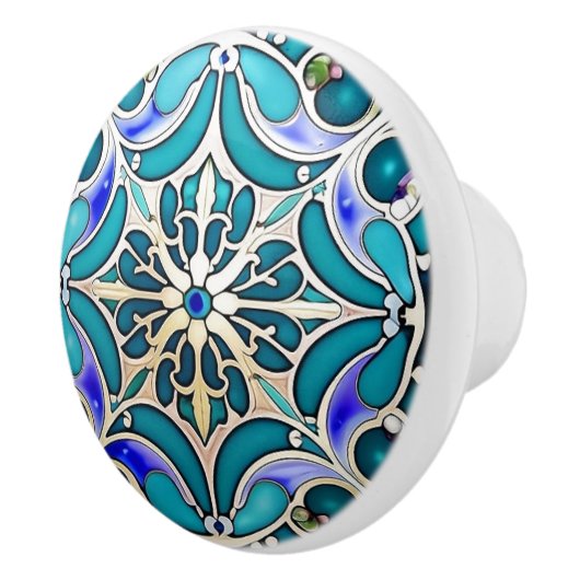 Art Nouveau Cream Aqua Blue Geometrisch Keramische Knop (Rechts)
