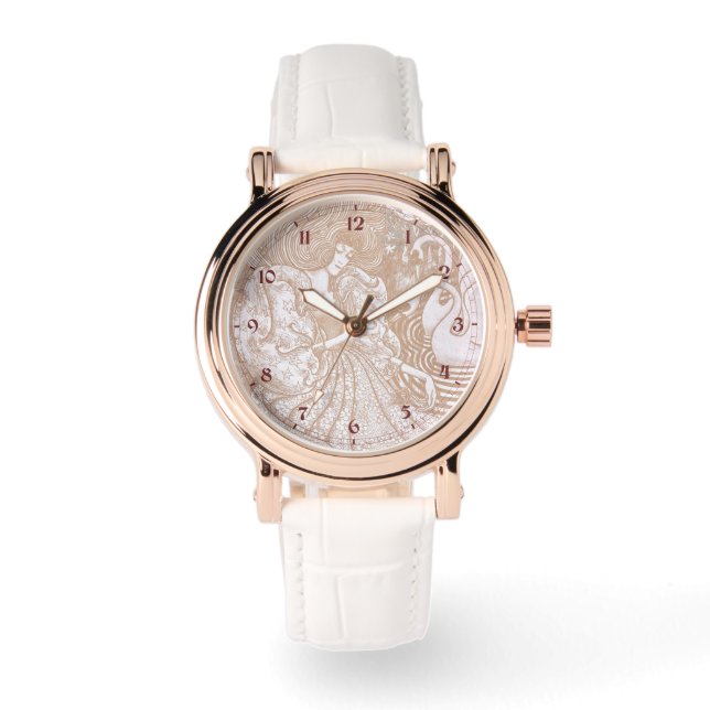  Art Nouveau Cream Bloemen Vrouw & Zwanen Horloge (Voorkant)