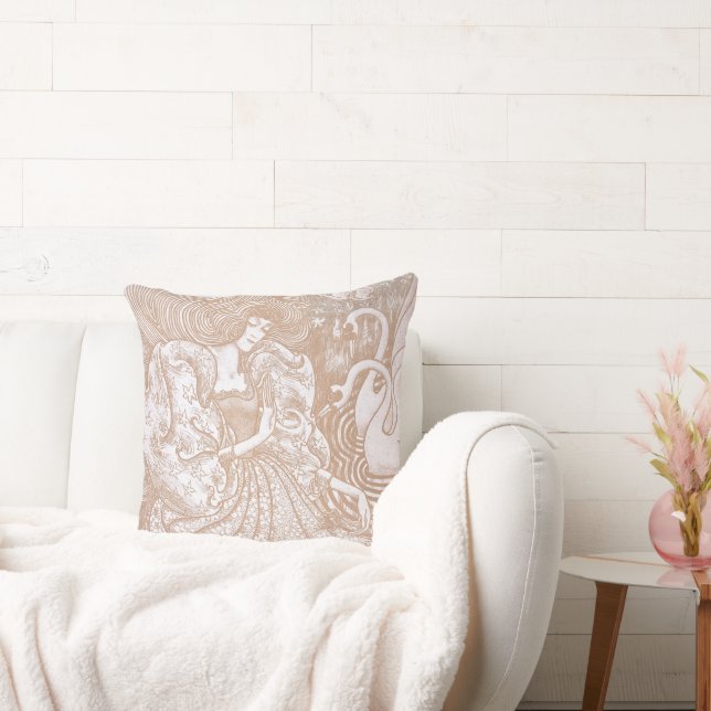  Art Nouveau Cream Bloemen Vrouw & Zwanen Kussen (Bank)