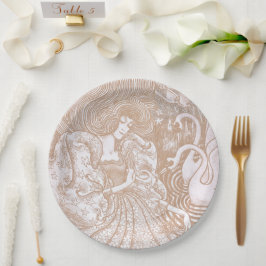  Art Nouveau Cream Bloemen Vrouw & Zwanen Papieren Bordje