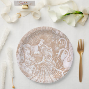  Art Nouveau Cream Bloemen Vrouw & Zwanen Papieren Bordje