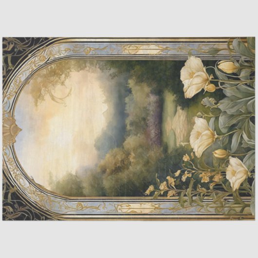 Art Nouveau Cream Bloemenblauw n Goud Ephemera 2A Tissuepapier (Voorkant)