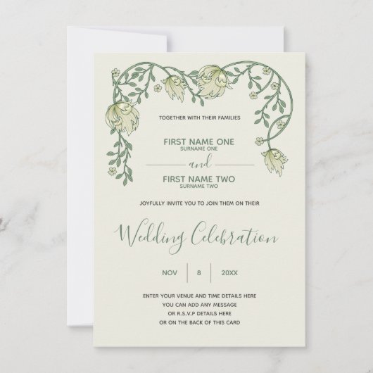 Art nouveau crème en groene huwelijksuitnodiging kaart (Voorkant)