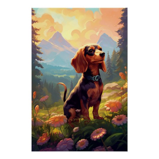 Art Nouveau Dachshund met bloemen Perfect Poster (Voorkant)