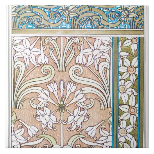 Art nouveau daffodil Verneui textiel bloemenkunst Tegeltje (Voorkant)