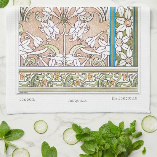 Art nouveau daffodil Verneui textiel bloemenkunst Theedoek (Gevouwen)