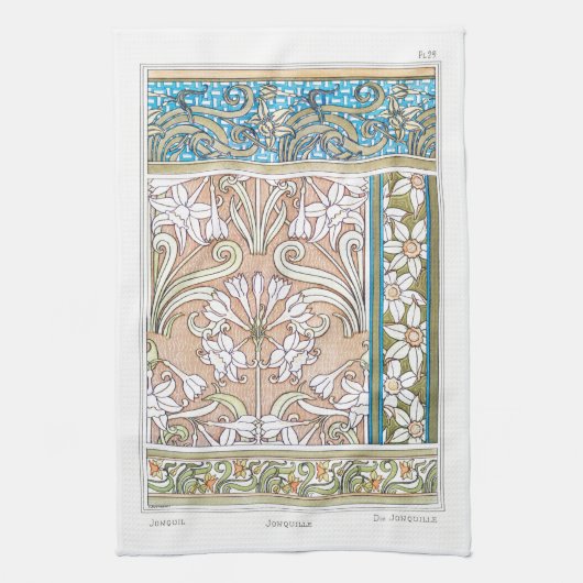 Art nouveau daffodil Verneui textiel bloemenkunst Theedoek (Verticaal)