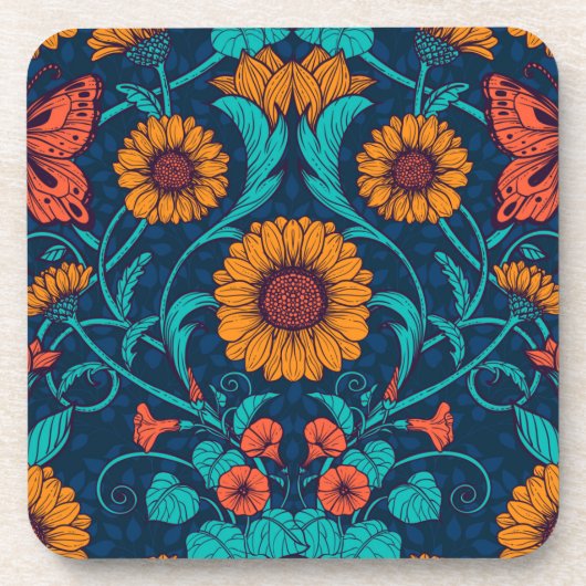 Art Nouveau daisies in blauw en geel Bier Onderzetter (Voorkant)