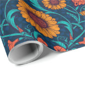 Art Nouveau daisies in blauw en geel Cadeaupapier (Rol Hoek)