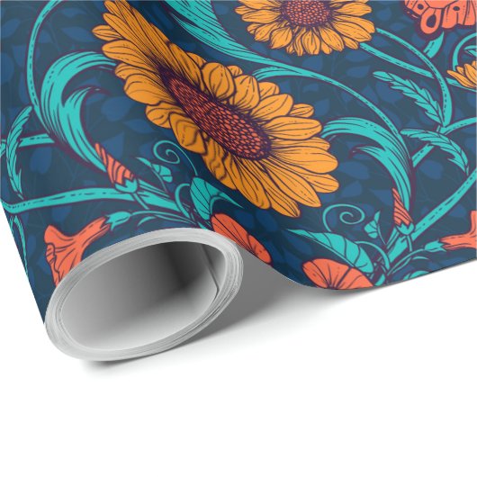 Art Nouveau daisies in blauw en geel Cadeaupapier (Rol Hoek)