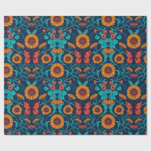 Art Nouveau daisies in blauw en geel Cadeaupapier (Vlak)