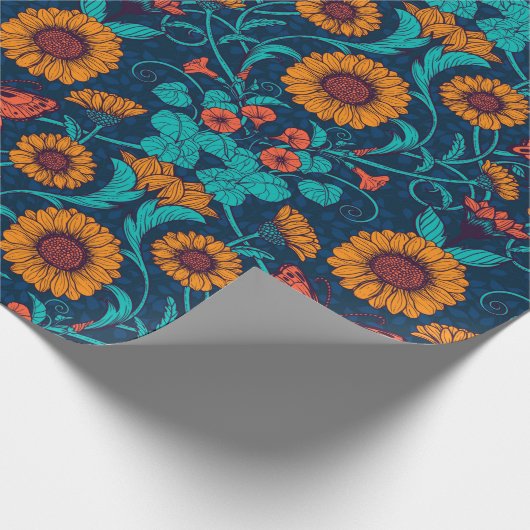 Art Nouveau daisies in blauw en geel Cadeaupapier (Hoek)