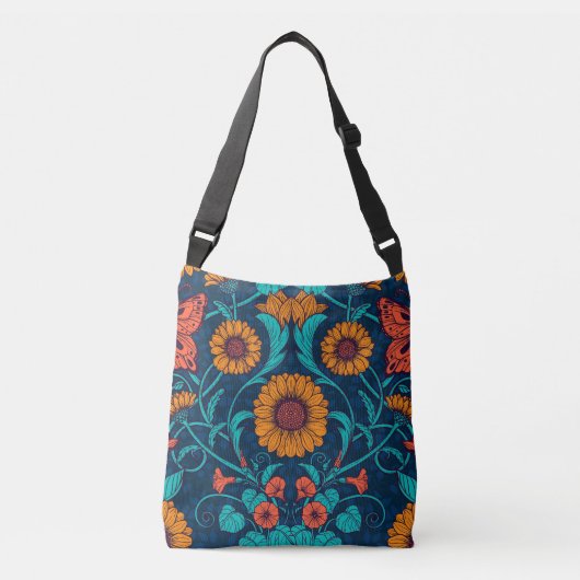 Art Nouveau daisies in blauw en geel Crossbody Tas (Voorkant)