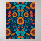 Art Nouveau daisies in blauw en geel Poster (Voorkant)