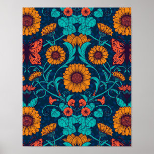 Art Nouveau daisies in blauw en geel Poster