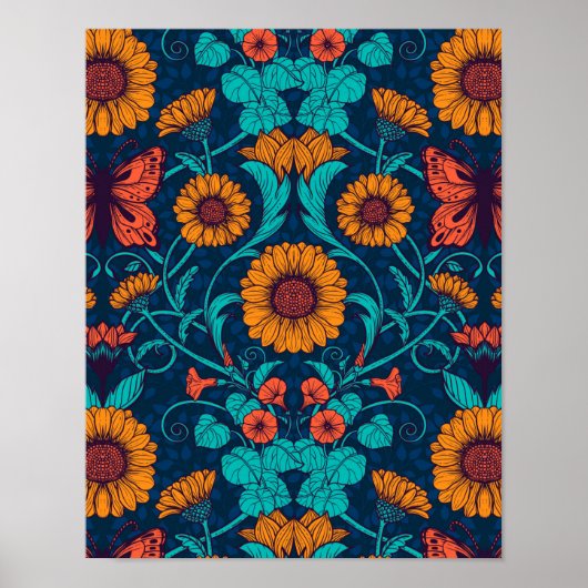 Art Nouveau daisies in blauw en geel Poster (Voorkant)