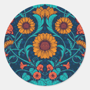 Art Nouveau daisies in blauw en geel Ronde Sticker