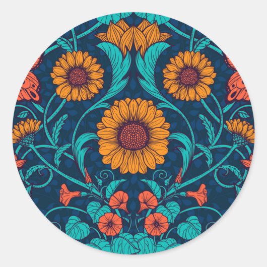 Art Nouveau daisies in blauw en geel Ronde Sticker (Voorkant)