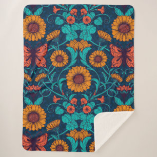 Art Nouveau daisies in blauw en geel Sherpa Deken