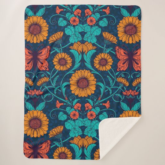 Art Nouveau daisies in blauw en geel Sherpa Deken (Voorkant)