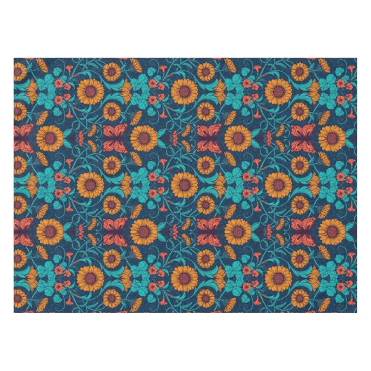 Art Nouveau daisies in blauw en geel Tafelkleed (Voorkant (Horizontaal))