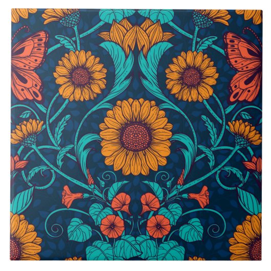 Art Nouveau daisies in blauw en geel Tegeltje (Voorkant)