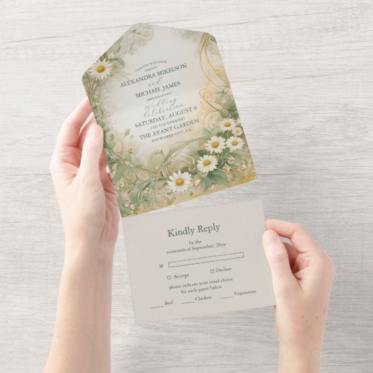 Art Nouveau Daisies Ivoor Green Wedding All In One Uitnodiging (Afscheurbaar)