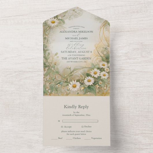 Art Nouveau Daisies Ivoor Green Wedding All In One Uitnodiging (Binnen)