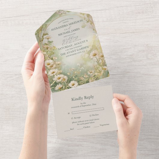 Art Nouveau Daisies Ivoor Green Wedding All In One Uitnodiging (Afscheurbaar)