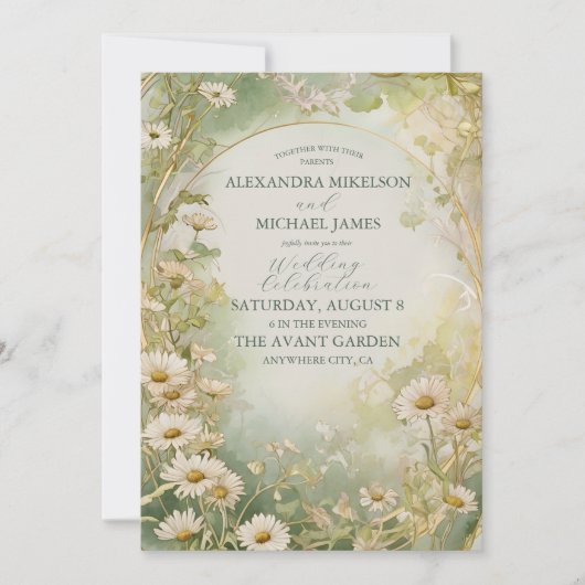 Art Nouveau Daisies Ivoor Green Wedding Kaart (Voorkant)