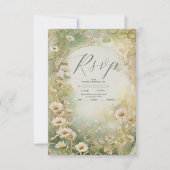 Art Nouveau Daisies Ivoor Green Wedding RSVP Kaartje (Voorkant)