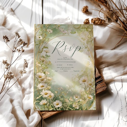 Art Nouveau Daisies Ivoor Green Wedding RSVP Kaartje