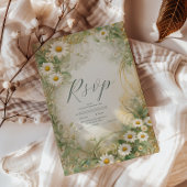 Art Nouveau Daisies Ivoor Green Wedding RSVP Kaartje