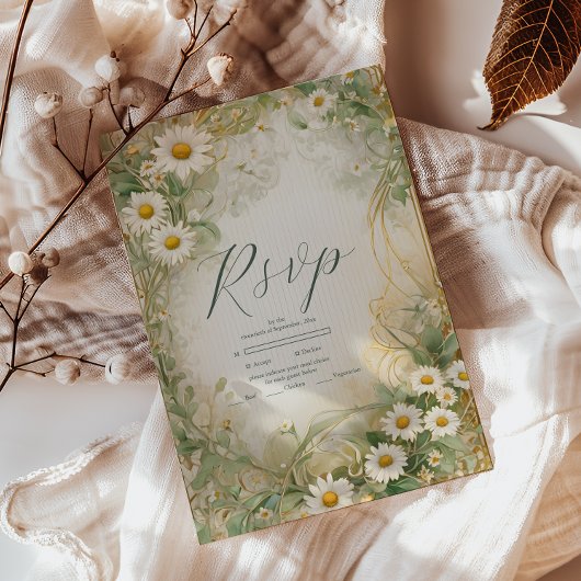 Art Nouveau Daisies Ivoor Green Wedding RSVP Kaartje